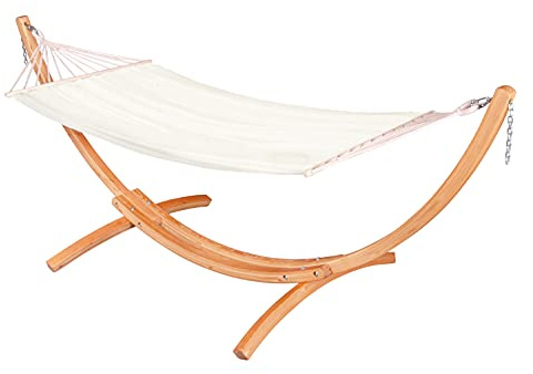 CHILLOUNGE Beach – Hamaca de barra separadora al aire libre con soporte, hamaca impermeable y soporte de arco de madera sostenible certificado