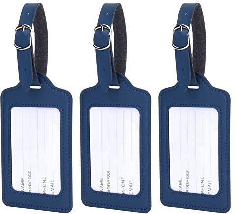 RosewineC Lot de 3 étiquettes de bagage, valises avec nom, adresse, e-mail, numéro de téléphone, plaque nominative en cuir pour voyage d'affaires, cadeau de voyage pour couples de mariage (bleu)