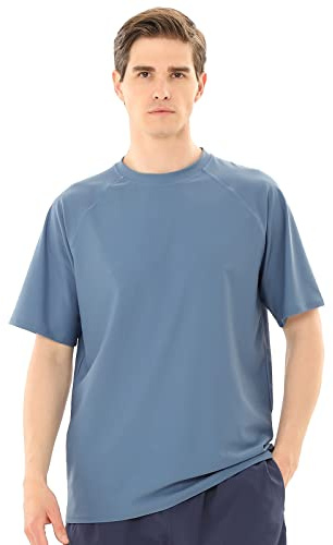 TIZAX Maglietta Anti UV Uomo Rash Guard a Manica Corta Costume da Bagno UPF 50+ Protezione Solare T Shirt Asciugatura Rapida Blu-Grigio L