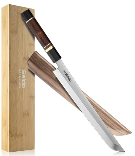 Seido Knives Sakimaru Takohiki 10 Rosewood and Ebony Buffalo Horn Unique Design Octagonal Shape Handle - with Magnetic Saya Sheath Knife Cover Made