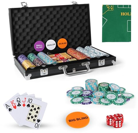 JUNGLE STONE Texas Holdem Poker Set with Deluxe Aluminium Case, 300 Piece Pro Quality Clay Metal Chips, 2 Decks of Pro Plastic Playing Cards, 5 Dice Dealer Big Small Blind Button set