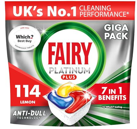 Fairy Platinum+ Complete Dishwasher Tablets – 114 Pack, Anti-Dull Technology