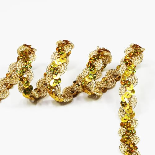 12 Yards,Wide 0.59 Inch Shining Gold Sequin Ribbon Trim for DIY Sewing Dress Dance Costumes,Headband (Shining Gold)