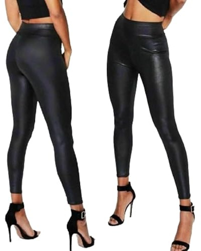 Womens Ladies PVC Leather High Waist Leggings Pu Wet Look Stretch Trousers Pants (UK, Numeric, 12, Regular, Regular, Black)
