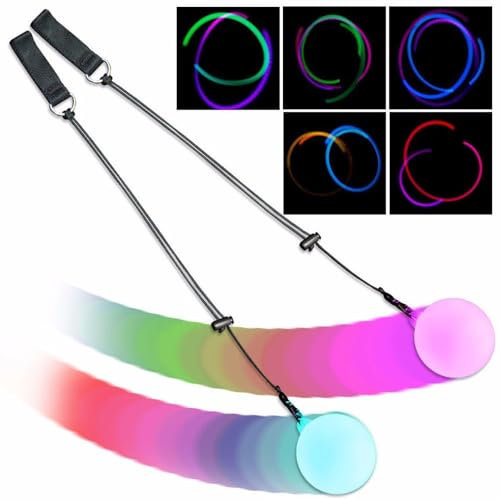 LED Poi Bälle, 2 Stück Poi Jonglierbälle, Glow Poi Kugeln mit Regenbogen Farben und Strobe-Effekt, Soft leuchtball Verstellbaren Schnüren für Kinder und Erwachsene