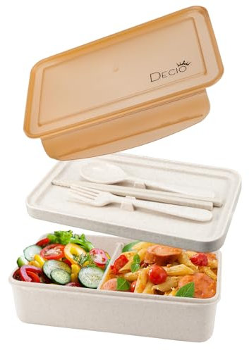 DECIO® Lunch Box Ermetico Premium 1100ML – Porta Pranzo Ecologico in Lolla di Riso e Paglia di Grano, 2 Scomparti con Posate, BPA Free, A Prova di Perdite – Ideale per Scuola, Ufficio, Picnic e Viaggi