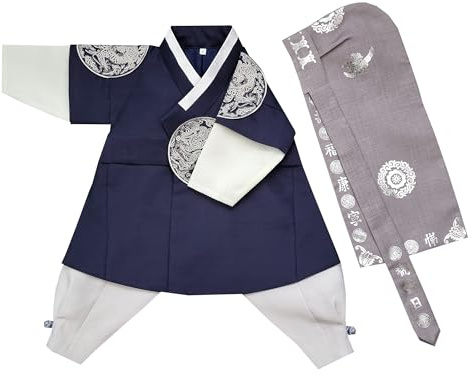 Korean Traditional Baby Boy Hanbok Dark Navy 100 days-10 years Dol First Birthday Party Baikil Party GBH034 (hanbok + hat, 1 year(dol))