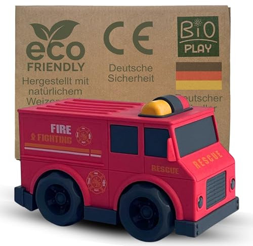 BIOPLAY® Feuerwehrauto rot | Bio Kunststoff | Nachhaltiges Spielzeug ab 1 Jahr für Jungen und Mädchen | Indoor und Outdoor