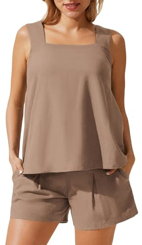 Maacie - Completi da maternità in lino, 2 pezzi con pantaloncini estivi, top a canotta, pantaloncini a gamba larga con tasche, Marrone caffè., Small