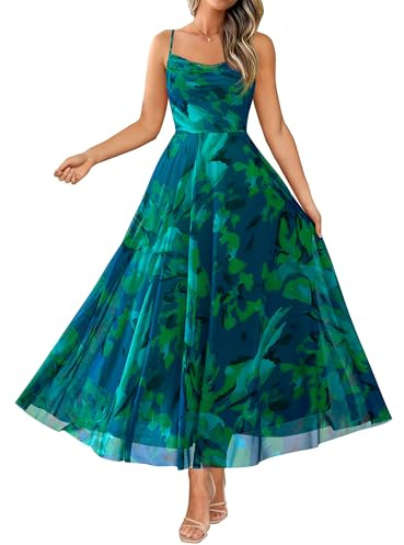BTFBM Women Summer Floral Maxi Dresses Elegant Spaghetti Strap Dress Printed Party Dress Beach Long Dresses(Floral Green,Large)