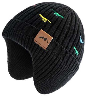 SEYUFN Bonnet Enfant Garcon Hiver Bonnet Bebe Fille Dinosaure Tricot Chapeau Bebe Garcon Large Protection des Oreilles (FR/ES, Âge, 3 Ans, 8 Ans, B-Noir)