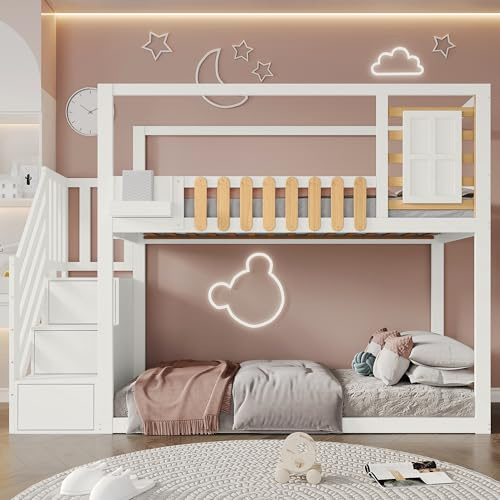 Letto a castello con scala, finestra e 3 armadietti, letto per bambini in legno di pino massiccio con barriera anticaduta, 90 x 200 cm, colore bianco, spazio per dormire sicuro con spazio di