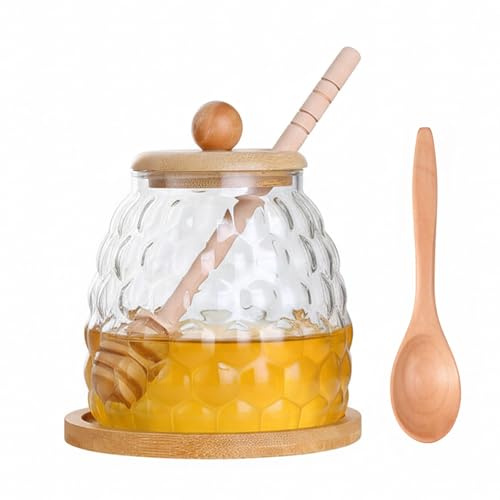 Astralong Vasetto per Miele Vetro con Coperchi Bastoncino Cucchiaio e Vassoio, 550 ml Trasparente Dosatore Miele per Cucina, Honey Pot a Bocca Larga, Contenitore in Vetro per Conservare e Sciroppo