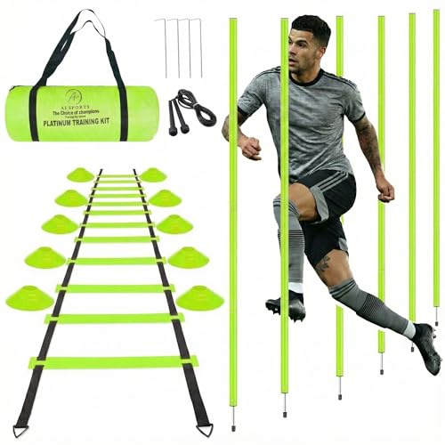 AI SPORTS Speed & Agility Training Platinum Kit – Football Training Equipment with 1× Agility Ladder, 6× Slalom Poles, 10× Training Cones, 1× Skipping Rope & 1× Carry Bag (Fluorescent Yellow)