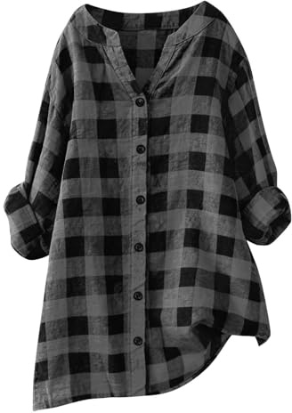 Oversized Womens Plaid Shirt Classic Roll Up Long Sleeve Button Down Casual Loose Tunic Tops Lightweight Work V-Neck Checked Blouses Jacket Summer Outfits 2026 Holiday Dark Gray 4X-Large