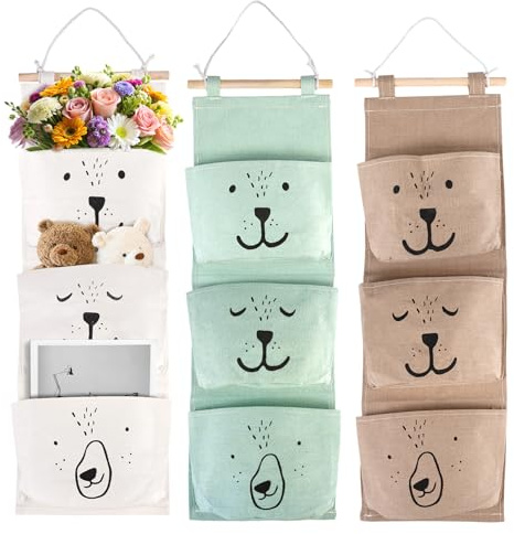 3 Piezas Bolsa Colgar Pared con 3 Bolsillos, 60 x 20 cm Bolsa de Alamcenamiento Colgante, Colgando Impermeable Organizador de Tela, para Habitación Infantil, Baño, Cocina(Gris, Blanco, Verde)