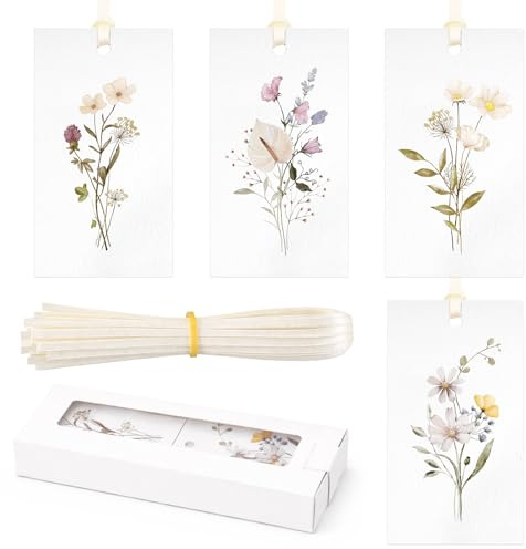 jijAcraft 60Pcs Floral Gift Tags with Ribbon: 9x5CM Rustic Wedding Tags | 4 Designs Wildflower Watercolour Favour Labels for Gift Wrapping, Crafts, Bouquet Packaging, Bridal Shower, Birthday, Party