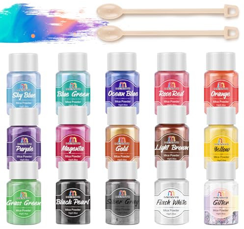 MENNYO Epoxidharz Farbe 15er*10g, Pigmentpulver Metallic Mica Pulver Seifenfarbe Farbpigmente Resin Farbe für Epoxidharz, Seife, Badebombe, Kerze, Kosmetischer, Lidschatten, Nagellack, Schleim