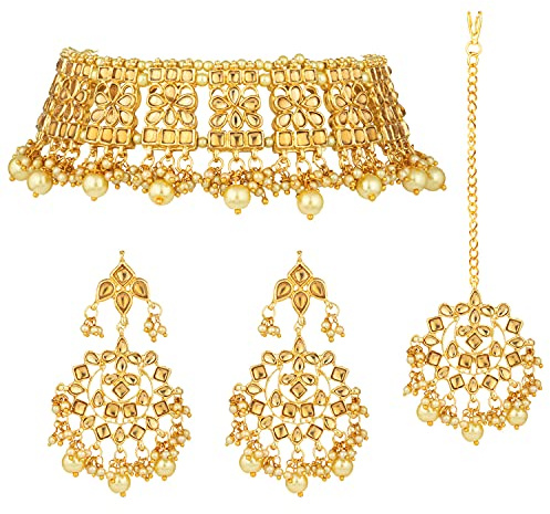 Aheli Ethnic Bharatanatyam jewellery set Faux Kundan Necklace Earring Maang Tikka Set Indian Traditional Bollywood Wedding Set Gift for Women