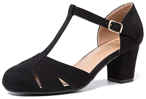 Women's T-Strap Block Heel Pumps, Ankle Buckle Closure, Classic Cut Out Round Toe Dress Shoes, Suede Black, 7 UK