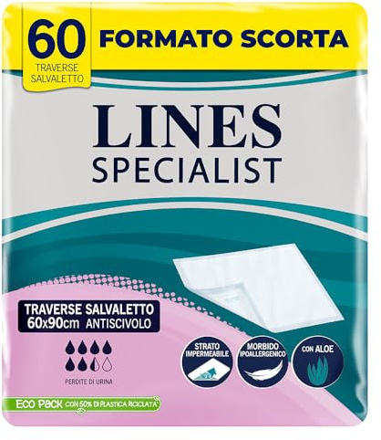 Lines Specialist Traversa 60x90, Traverse Salvaletto per Incontinenza Donna e Uomo, Strato Impermeabile e Antiscivolo, 4 Confezioni da 15 Unità