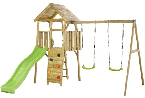 Kangui Aire de Jeux portique en Bois WOODI - Double balançoire, Toboggan, Mur d'escalade, cabane, échelle
