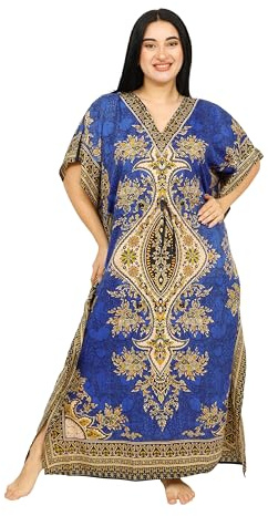 SHYAMVUN Women's Blue Full Length Kaftan Maxi Dress Free Size Kimono Style Caftan Tunic Lightweight Relaxed Fit Beach Cover Up Holiday Resort Wear Lounge Wear Nightwear Party Wear Comfortable Dress