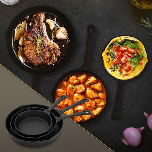 BBQ#BOSS Juego de 3 Sartenes de Hierro Fundido para Freír y Asar Ø16cm/Ø20cm/Ø25cm con Revestimiento Antiadherente y Capa de Protección Set de Utensilios de Cocina con Mango y Pico de Uso Universal