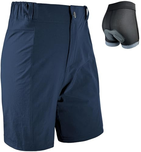Wulibike Pantaloni da ciclismo da donna, 2 in 1, imbottiti, per mountain bike, da donna, con imbottitura, per equitazione, ciclismo, ciclismo, con chiusura lampo, blu scuro, L