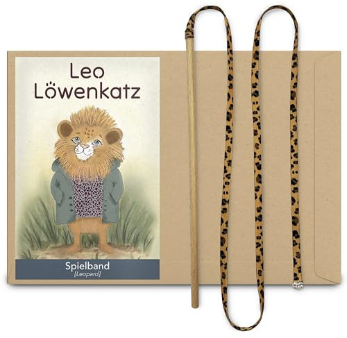 LEO LÖWENKATZ Katzenangel für Katzen. Robuster Holzstab mit extra langem Spielband und wildem Leoparden-Muster. Robustes Katzenspielzeug
