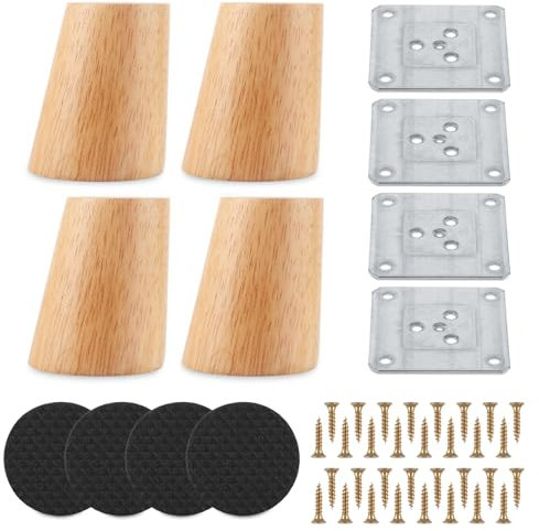 FWEEK 4 Stück Möbelfüße Holz, Tischbeine Holz 6cm, Holzfüße für Möbel, Eiche Robuste Möbelbeine, Möbelfüße Sofafüße mit Montageplatten und Schrauben für Schrank, Stühle, Sofa, Couchtisch
