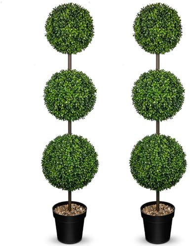 Hollyone Set di 2 sfere di bosso artificiali, altezza 125 cm, albero artificiale con vaso, pianta artificiale topiaria per esterni e interni, ingresso, terrazza, veranda