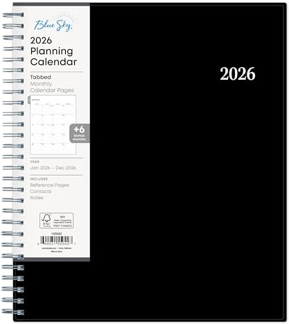 Blue Sky 2026 Monthly Planner Calendar, January 2026 - December 2026, 8 x 10, Monthly Layout, Flexible Cover, Silver Wirebound, Laminated Tabs, Enterprise
