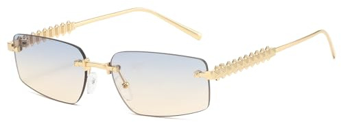 LJCZKA Gafas de Sol Rectangulares Sin Montura para Mujeres Hombres, Gafas de Sol Cuadrados Sin Marco Metallo Lusso Moda Protezione UV (Oro Azul Marrón)