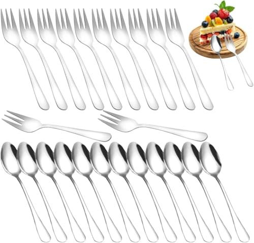 LOMUG Set di cucchiaini da caffè e forchette da dolce 24 pezzi, set di cucchiaini e forchette, cucchiaini da tè e forchette da dolce, posate da caffè in acciaio inox per matrimonio, compleanno