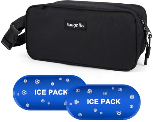 Saugnlbs Small Cool Bag,Mini Cool Bag with Ice Packs,Small Insulated Lunch Bag with Handle Buckle,Freezable Lunch Bag for Travel/Work/School/Outdoors, 10“ x 4.5”x 5”,Black