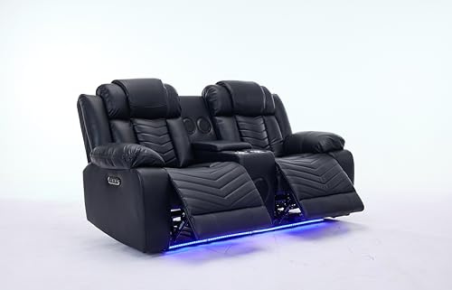Zeus Leather Electric Recliners Sofa With Cupholders - 3+2 Seater Sofa/Bluetooth Speakers/LED Lights/USB Charging Ports/Storage (Black, 2 Seater)