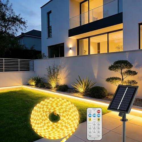 Tira LED Solar Exterior 10M, 640 LED IP68 Impermeable, Regulable con Mando a Distancia & Temporizador, 8 Modos de Iluminación Recargable Luces para Jardín, Terraza, Balcón, Valla, Piscina, Pérgola