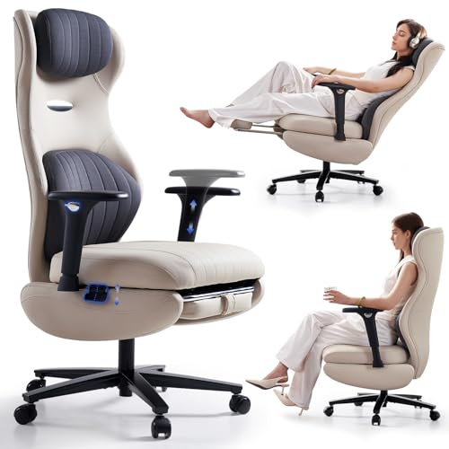 EMIAH Silla Oficina Ergonómica, Silla de Escritorio Reclinable con Reposapiés, Reposabrazos Ajustables, Silla Game de Respaldo Alto, Silla de Ordenador Ejecutiva con Soporte Lumbar, Cuero PU (Blanco)