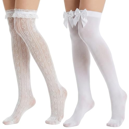 2 par knästrumpor vita overknees strumpor vuxna satin bågstrumpor kvinnor ogenomskinliga och Lolita nätstrumpor lår hjärta randiga lårhöga strumpor damer för cosplay karn