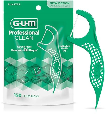 GUM Professional Clean Floss Picks - Extra Strong Shred-Resistant Floss, Easy Grip Handle - Dental Flossers for Adults - Fresh Mint Flavor, 150 Count