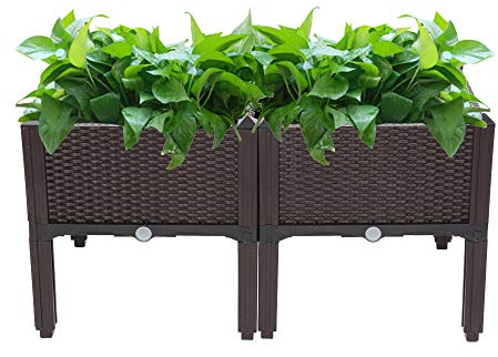 Outdoor 2Pcs Plastic Raised Garden Bed Self-Watering Plastic Planter Garden Free Splicing Injection Planting Box Stand (Brown)
