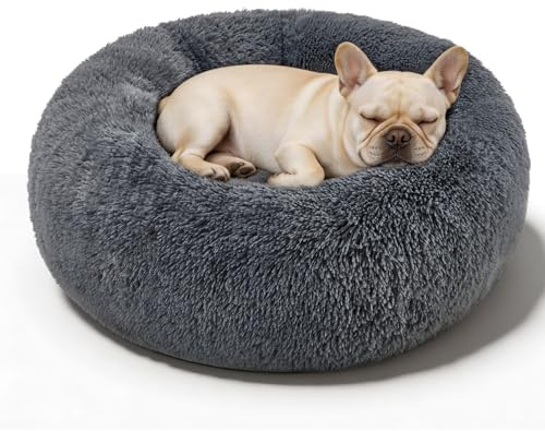 kimpets lugnande hundsängar för små medelstora hundar – rund munk tvättbar hundsäng, halkfri fuskpäls fluffig munk kramas ångest katt husdjurssäng (71 cm mörkgrå)