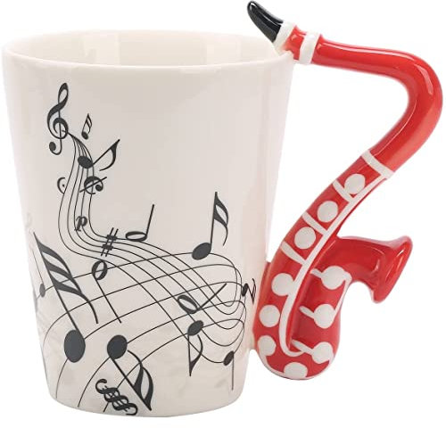 eKsdf Keramiktasse Musik Motiv Kaffeebecher mit Saxophon Henkel Lustige Teetasse Porzellan Tasse Keramik Kaffee Becher Geschenk für Freunde Kollegen (Rot)