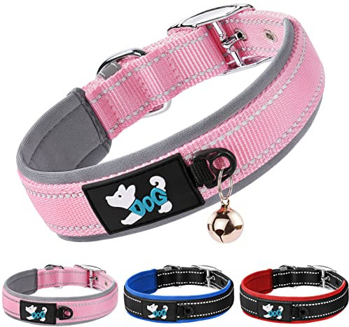 AUAUY Nylon Dog Collar, Pet Dog Reflective Collar, Ultra Soft Neoprene Padded, Adjustable Reflective Stitching Pet Collar with Durable Metal Buckle D-ring and Label Ring for All Breeds(Pink-S)