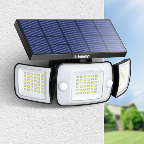 intelamp Foco Solar Exterior con Sensor de Movimiento, Luz Solar LED 1200LM, Batería 6000mAh, 3 Cabezales Ajustables, Doble PIR, IP65, para Jardín, Garaje, Patio y Camino