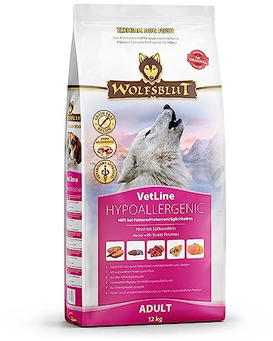 WOLFSBLUT – VetLine Hypoallergenic | Diät Trockenfutter für ausgewachsene Hunde mit Futterunverträglichkeiten. Getreidefreies Alleinfutter im Beutel | 12kg Pferd mit Süßkartoffeln