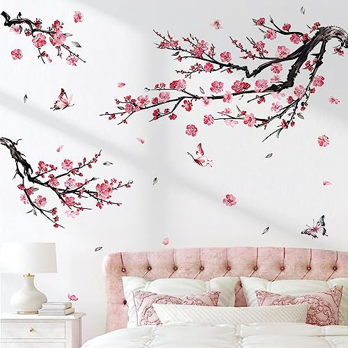 decalmile Pegatinas de Pared Árbol de Flores Rosa Vinilos Decorativos Flores Árbol Rama Adhesivos Pared Dormitorio Habitación Salón Oficina