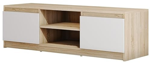 MINIO go for it - TV-Schrank Dingo I Lowboard für Fernseher I TV-Kommode I TV lowboard stehend I 120cm I mit 2 Klapptüren & 2 offenen Fächern I TV Möbel I Sonoma-Eiche und Weiß