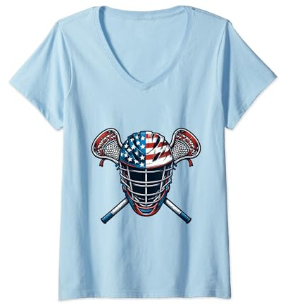 Womens Lacrosse USA Flags Team Player Helmet V-Neck T-Shirt